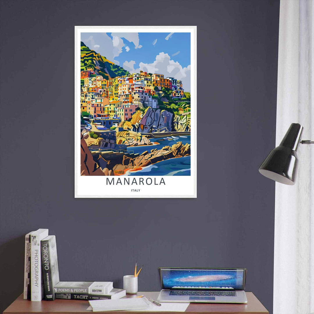 Bold Mediterranean decor featuring the brightly colored homes and steep rock formations of Manarola Cinque Terre Italy, purchasable as a wrapped canvas format or a premium white frame.