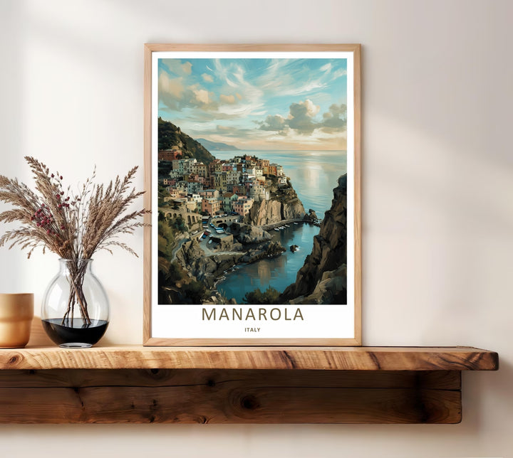 Warm Mediterranean decor featuring the pastel-colored homes and steep rock formations of Manarola Cinque Terre Italy, purchasable as a wrapped canvas format or a premium white frame.