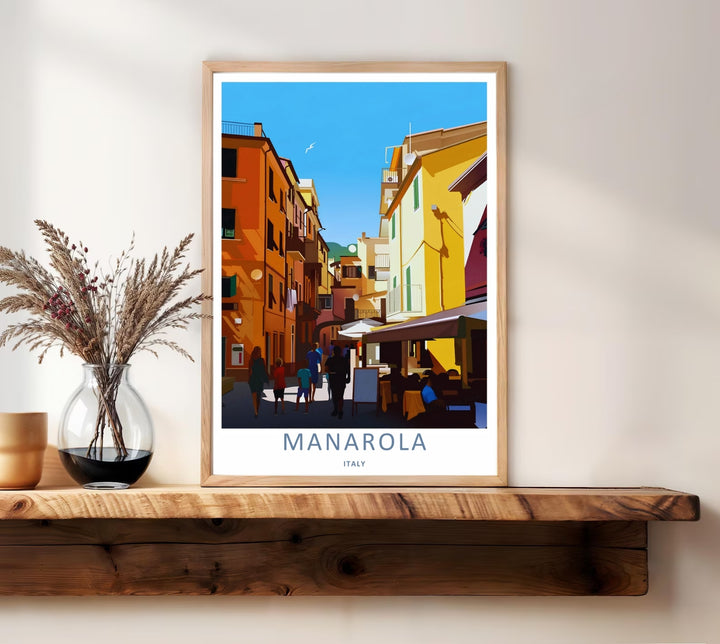 Modern Mediterranean decor featuring the sun-drenched facades, walking figures, and cafe awnings of Manarola Cinque Terre Italy, purchasable as a wrapped canvas format or a premium white frame.