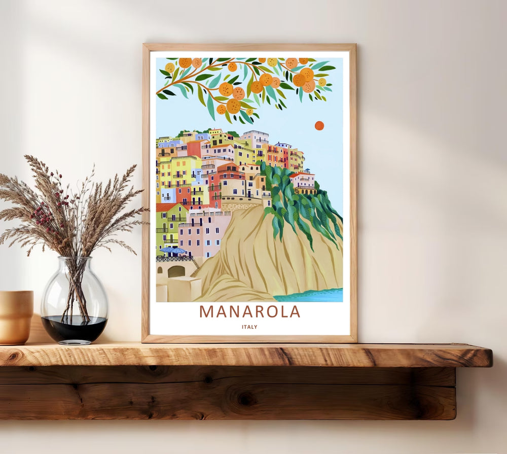A unique retro travel illustration of the historical town of Manarola Cinque Terre Italy, displaying a clean flat-color graphic style with an orange sun hanging in a soft blue sky.