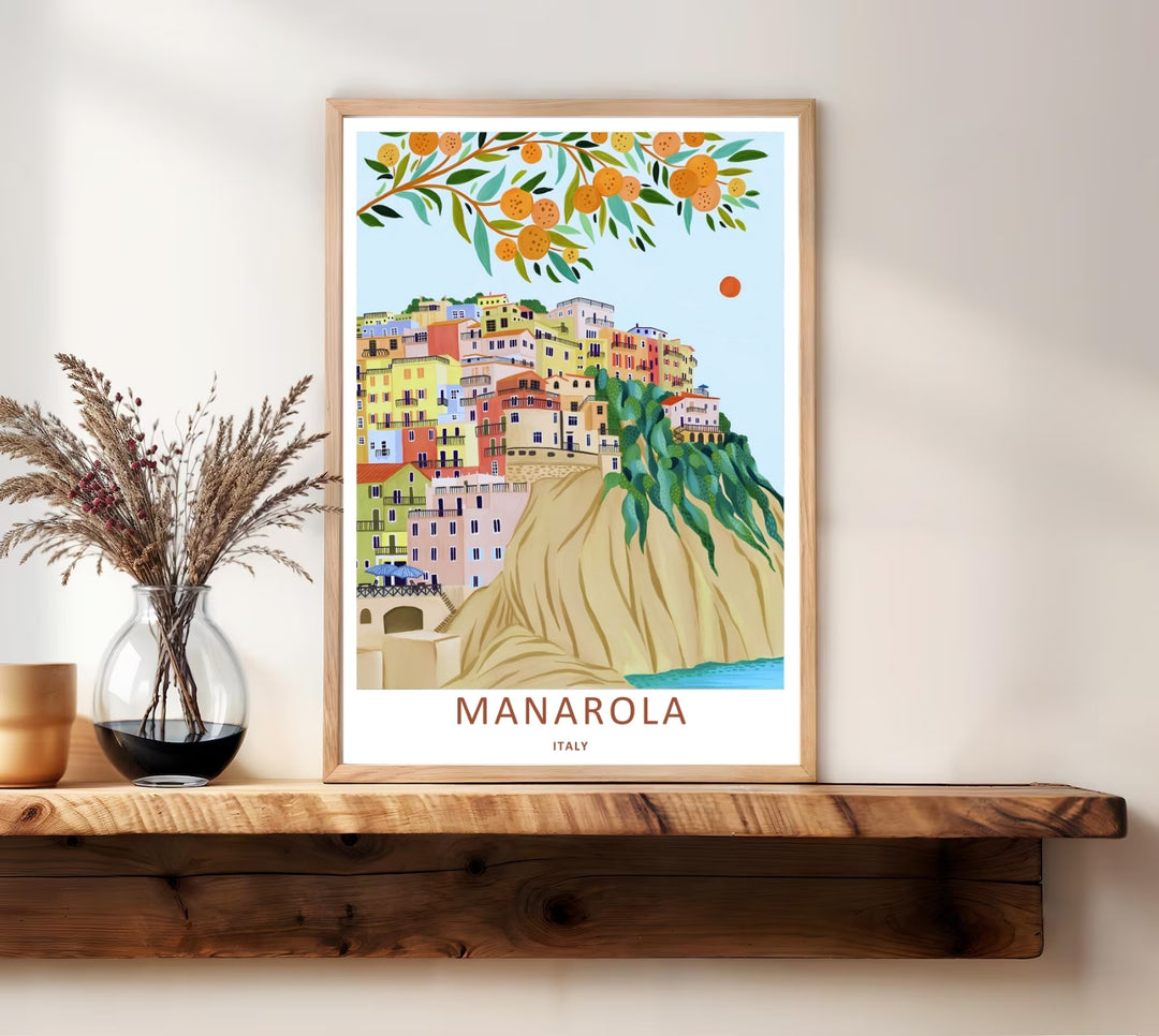 A unique retro travel illustration of the historical town of Manarola Cinque Terre Italy, displaying a clean flat-color graphic style with an orange sun hanging in a soft blue sky.