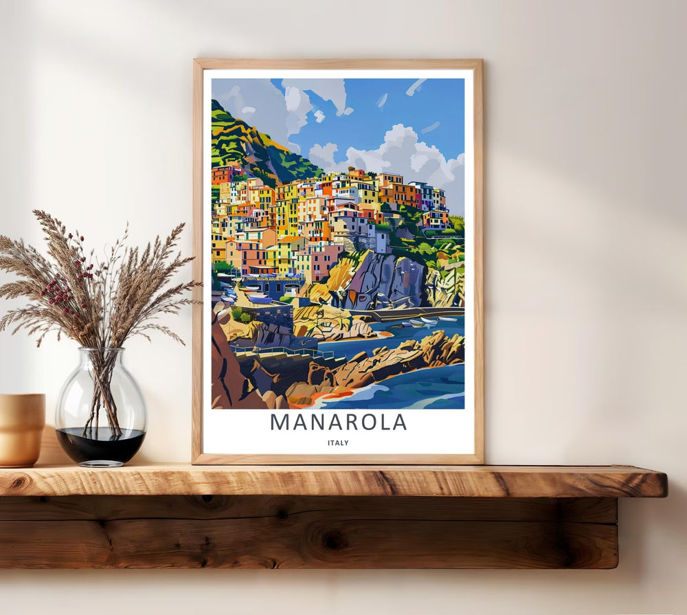 A unique retro travel illustration of the historical cliffside town of Manarola Cinque Terre Italy, displaying a clean vector texture with vibrant summer sunlight shining over the rocky harbor.