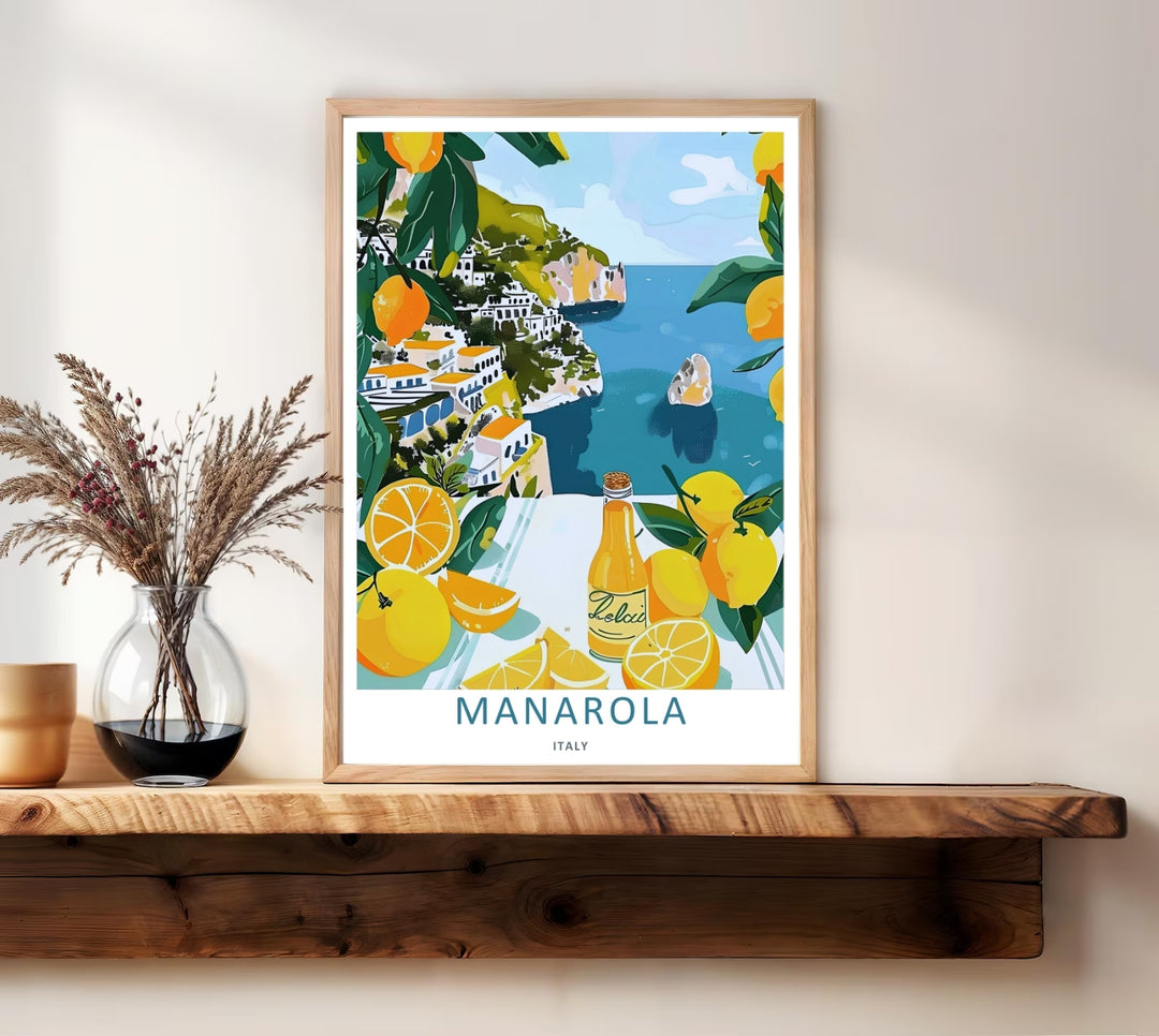 A bold graphic travel poster capturing the citrus vignette framing and iconic cliffside architecture of Manarola Cinque Terre Italy, ready to order as an unframed print or a natural wood frame.