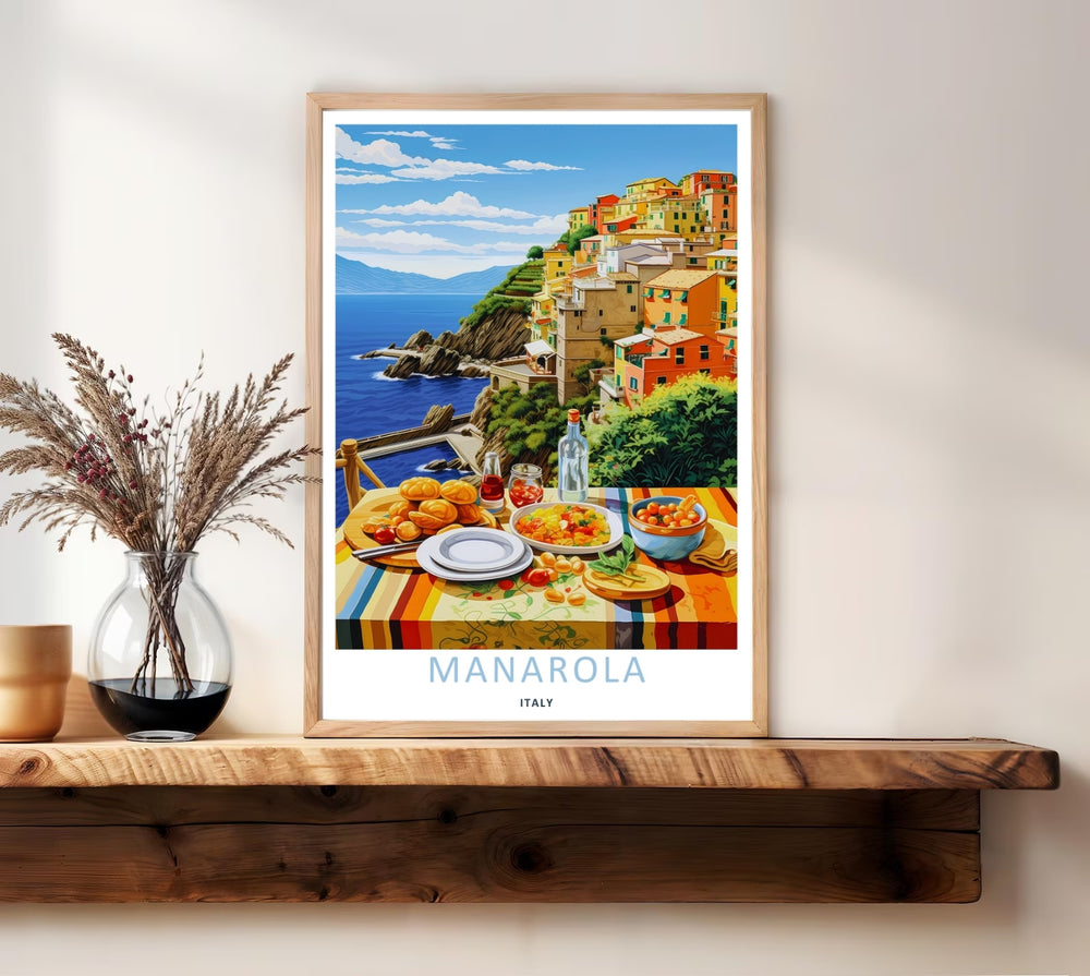 A unique retro travel illustration of the historical town of Manarola Cinque Terre Italy, displaying a rich culinary tabletop display in the foreground with pastel houses climbing the bluffs behind.
