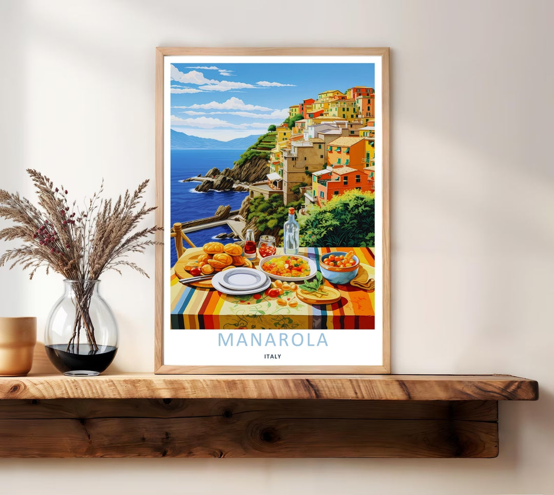 A unique retro travel illustration of the historical town of Manarola Cinque Terre Italy, displaying a rich culinary tabletop display in the foreground with pastel houses climbing the bluffs behind.