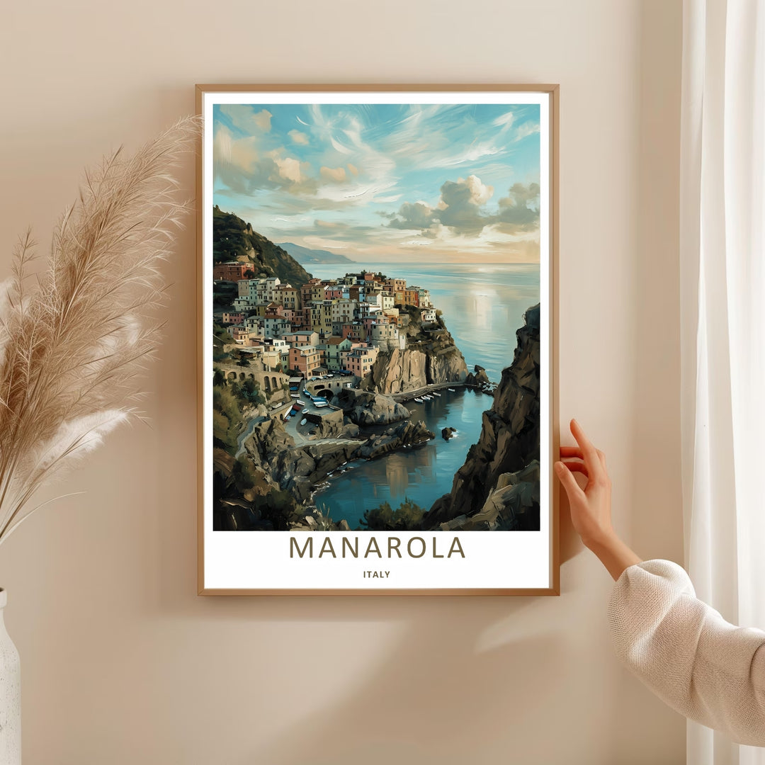 A bold painterly travel poster capturing the historic architectural beauty and dramatic sea cliffs of Manarola Cinque Terre Italy, ready to order as an unframed print or a natural wood framed art piece.
