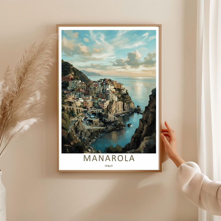 A bold painterly travel poster capturing the historic architectural beauty and dramatic sea cliffs of Manarola Cinque Terre Italy, ready to order as an unframed print or a natural wood framed art piece.