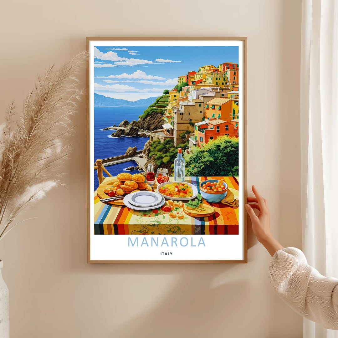 A detailed artistic Manarola Cinque Terre Italy travel poster displaying an elegant neighborhood view behind a sunlit afternoon lunch table, selectable as a wrapped canvas format or a matte print.