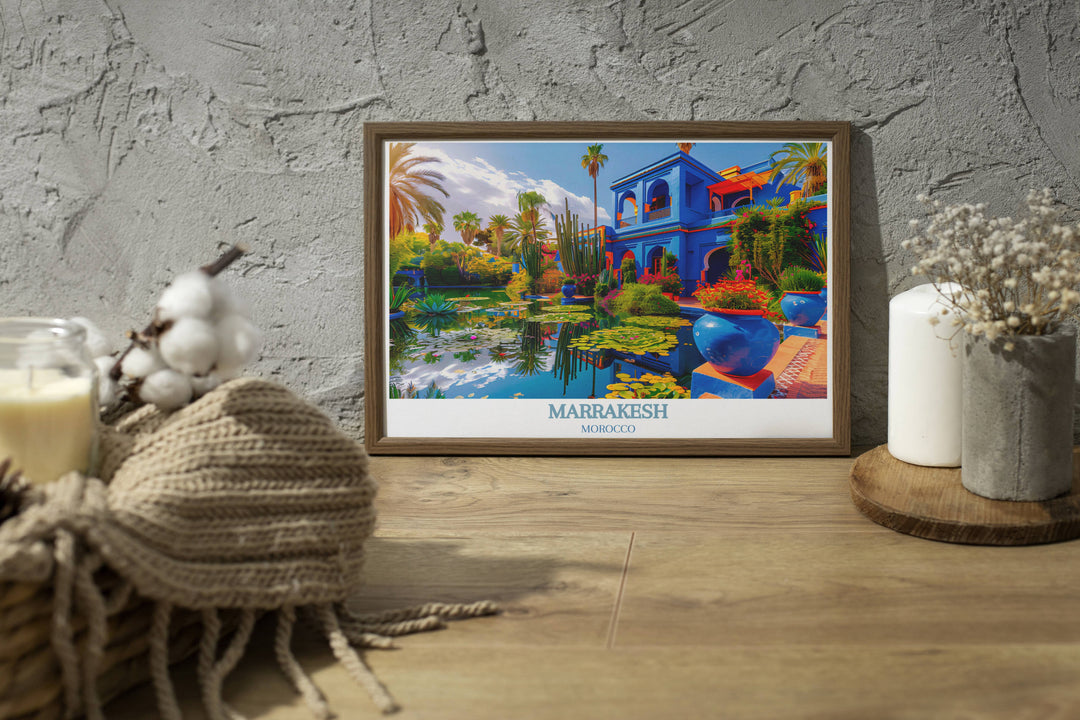 Detailed artwork of Majorelle Garden featuring traditional Moroccan architecture and vibrant botanical scenes.
