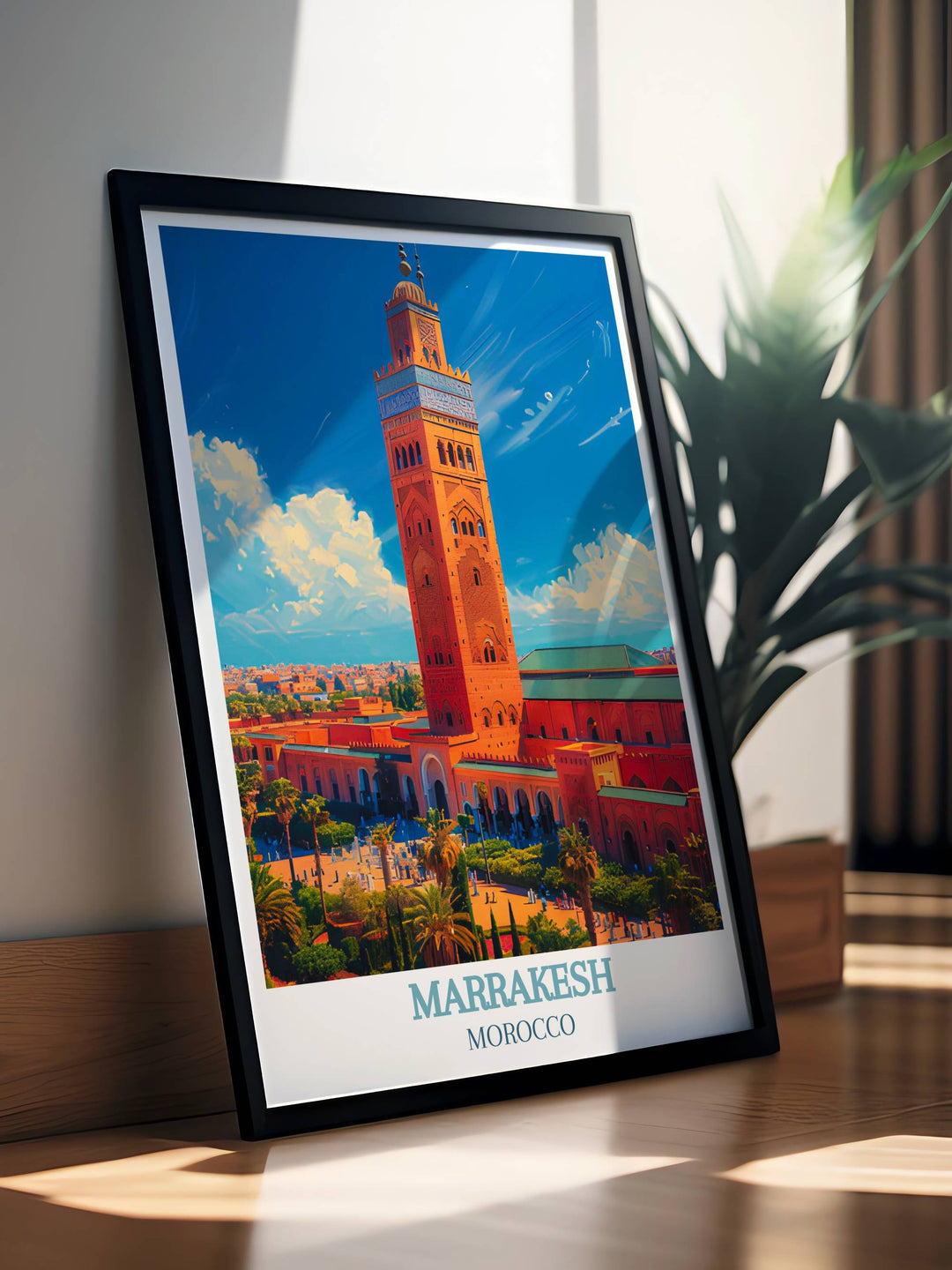 Marrakesh framed art capturing an evening scene with warm lights and bustling local activity.