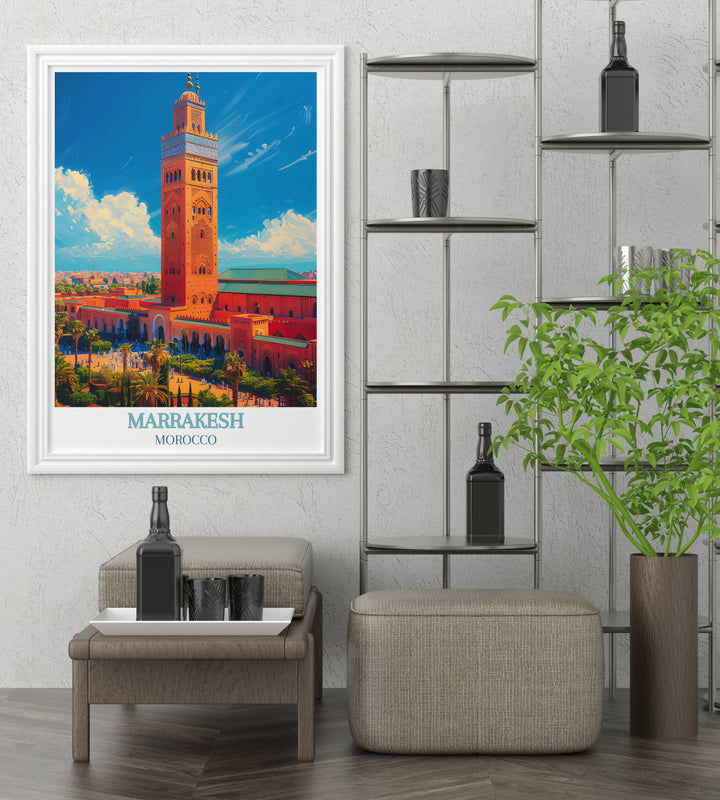Detailed view of Marrakeshs vibrant souks in a custom print, showcasing the dynamic market life.