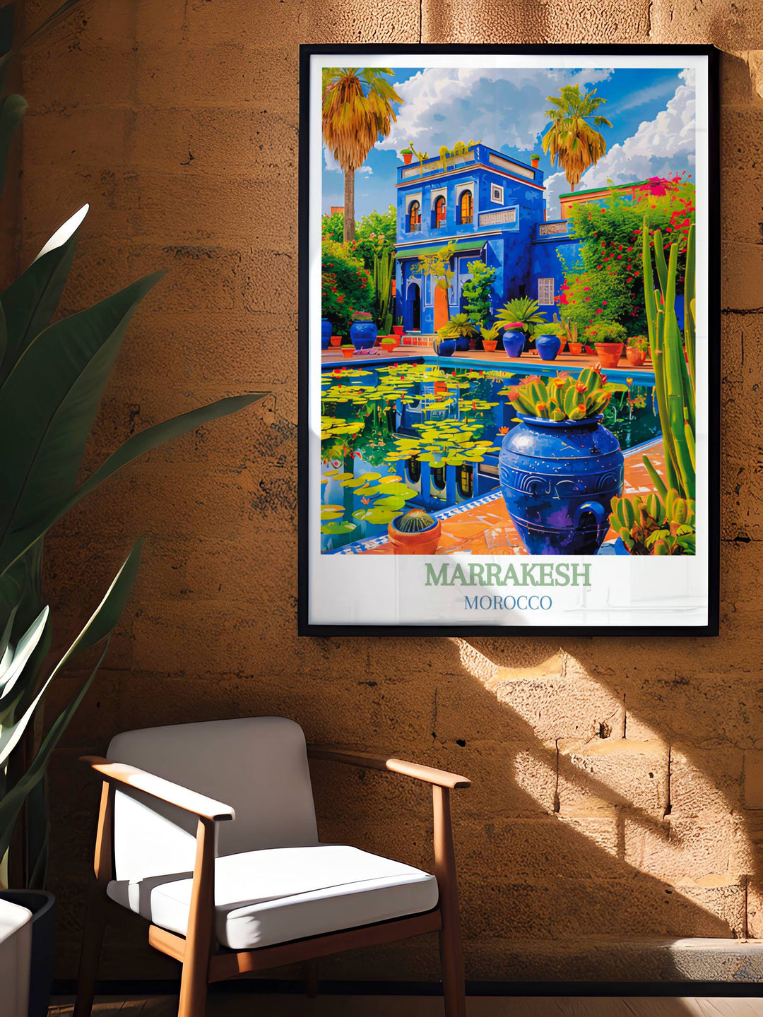 Majorelle Garden wall decor illustrates the calm and cooling atmosphere of the gardens shaded areas, complemented by the sound of trickling water features.
