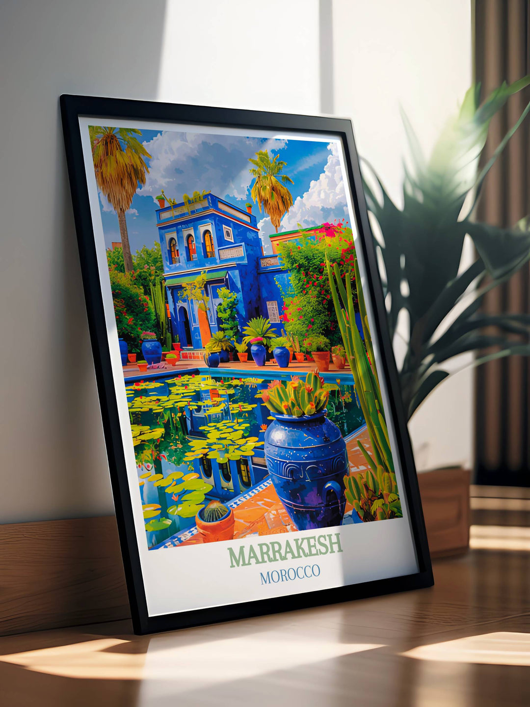 Artistic representation of Majorelle Garden with a focus on the textured pathways and rich, floral diversity that characterizes the famous Moroccan garden.
