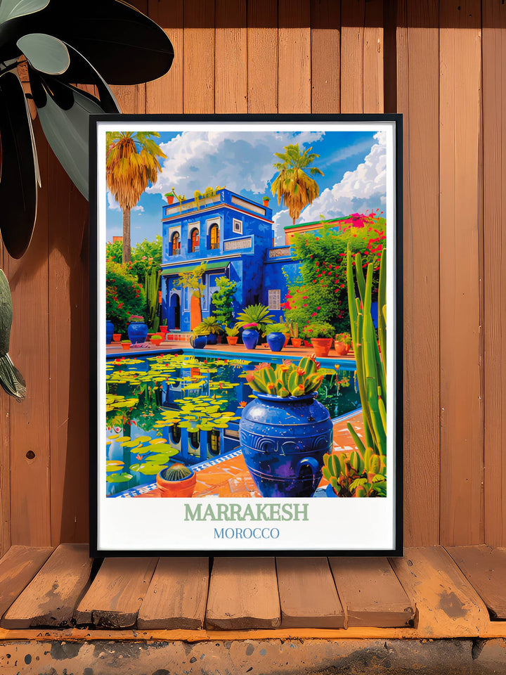 Capture the essence of Marrakesh with this detailed print of Majorelle Garden, where traditional Moroccan design meets natural beauty.