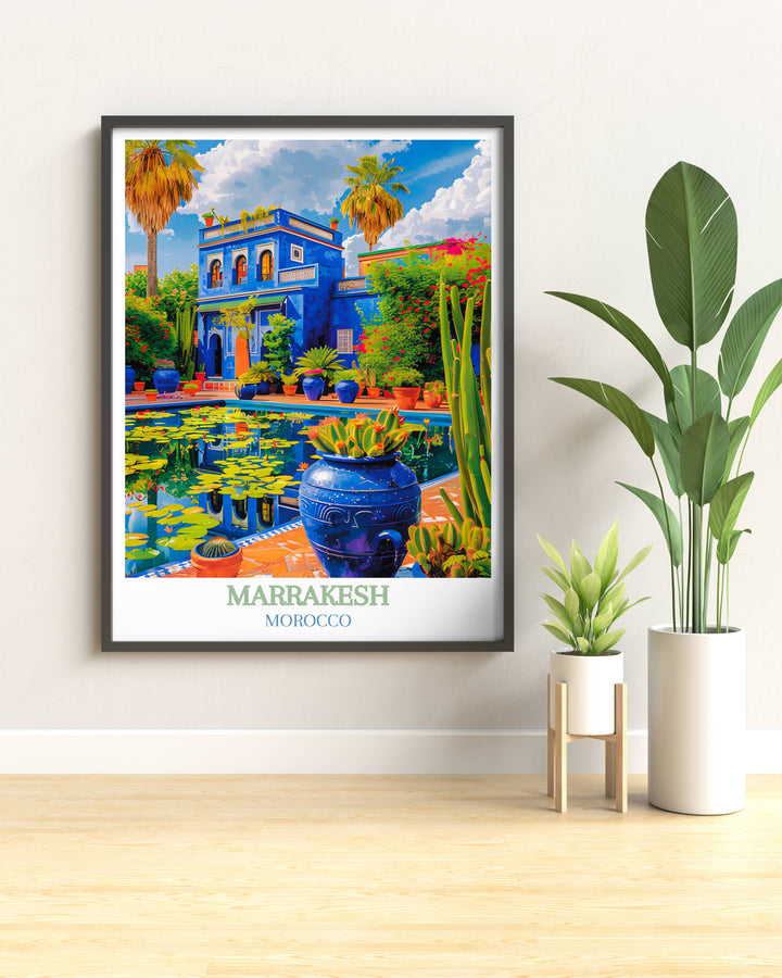Wall art depicting the iconic cobalt blue architecture of Majorelle Garden, set against a backdrop of green palms and cacti, offers a glimpse into Moroccan paradise.
