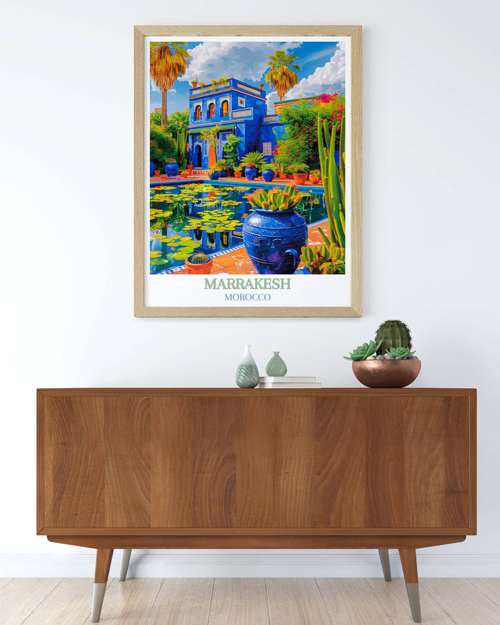 Decorate your home with a Majorelle Garden poster, showcasing intricate details of the gardens unique Moroccan tiles and serene pathways.