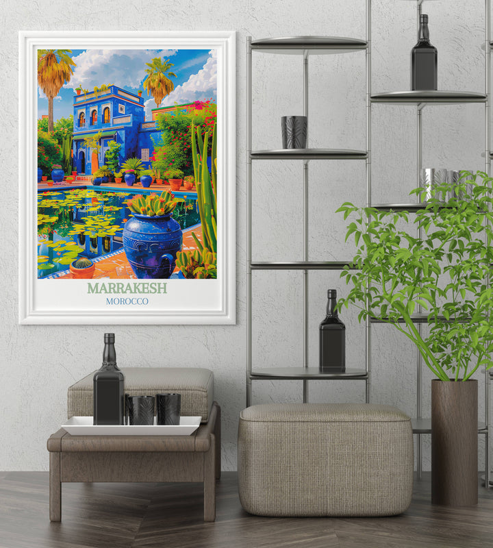 Bring the beauty of Marrakesh into your living space with a Majorelle Garden canvas art, featuring the lush, botanical garden vividly in bloom.