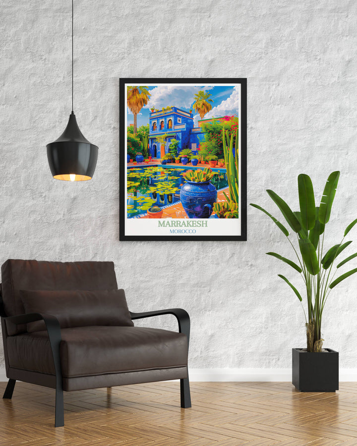 Majorelle Garden print, highlighting the harmony between the vivid blue structures and the verdant greenery, creating a visually stunning Moroccan landscape.