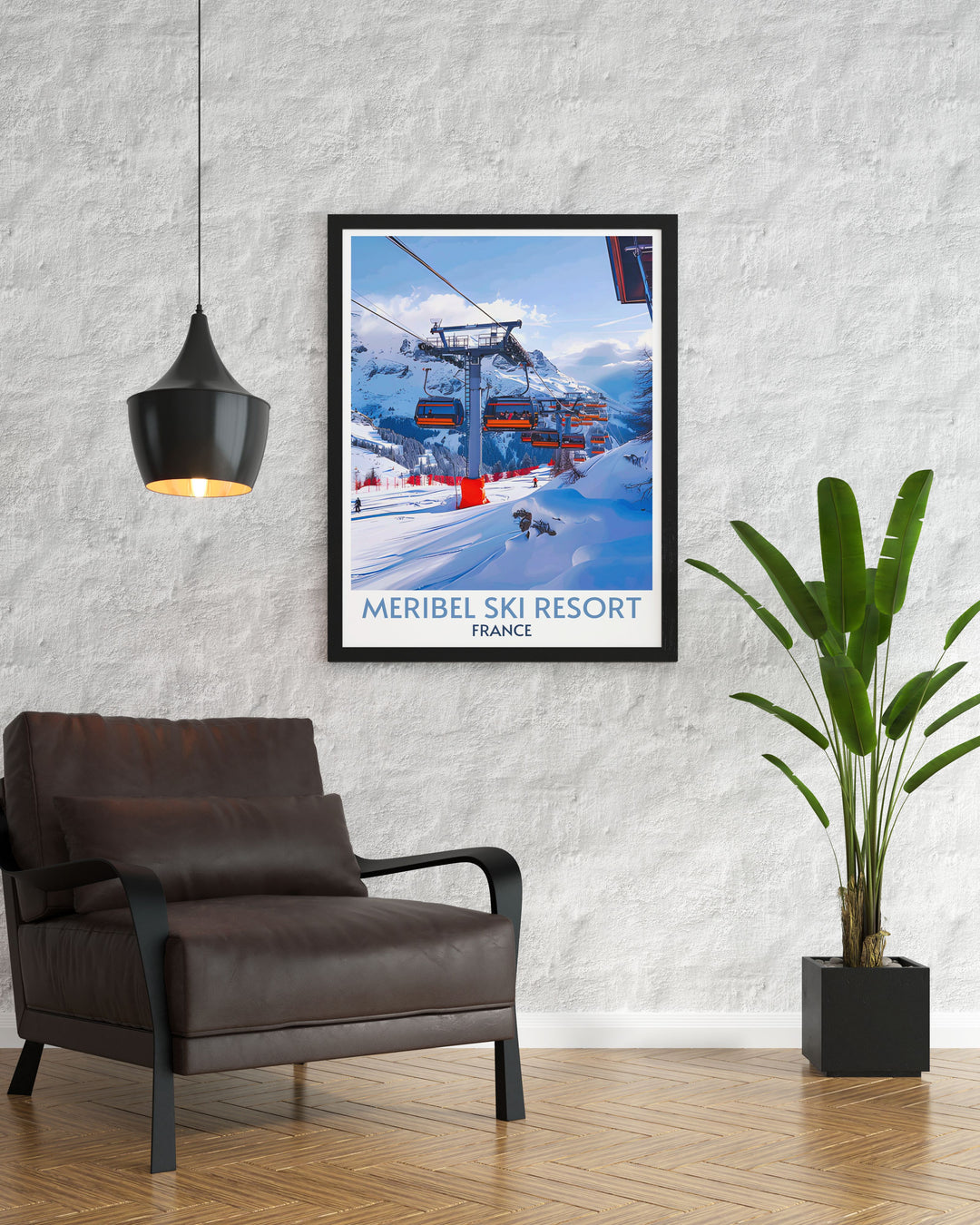 Illustration of Meribels ski lifts operating during a serene snowfall, capturing the quiet moments that make ski trips memorable.