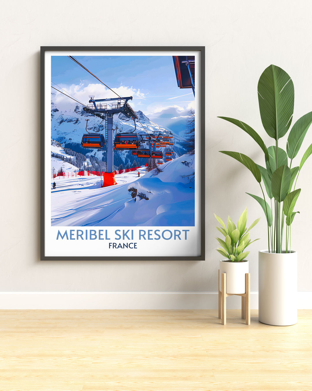 Modern skiing poster from Meribel, with contemporary art styles illustrating the dynamic movements of skiers against a crisp, white background.