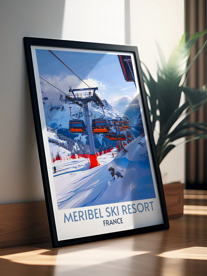 Vintage ski poster of Meribel, featuring retro ski gear and historical lifts, a nod to the rich history of skiing in the French Alps.