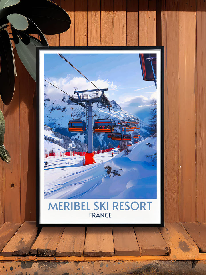 Ski resort poster showing an early morning in Meribel, with skiers preparing for the day against a sunrise over Mont Vallon.