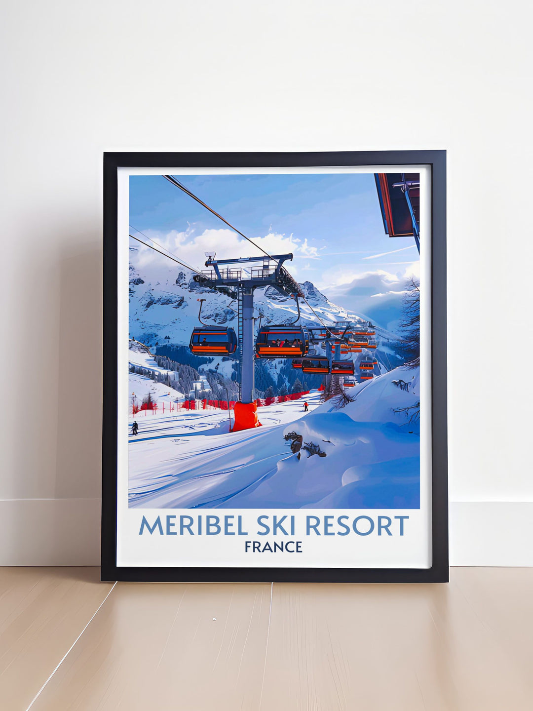 Home decor featuring ski lifts at Meribel, with detailed depictions of cable cars ascending frosty mountain ridges, perfect for bringing the ski lodge vibe indoors.