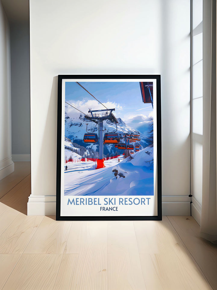 Fine art print of Meribel Ski Resort showing skiers on snowy slopes with the panoramic backdrop of the French Alps, capturing the essence of winter sports.