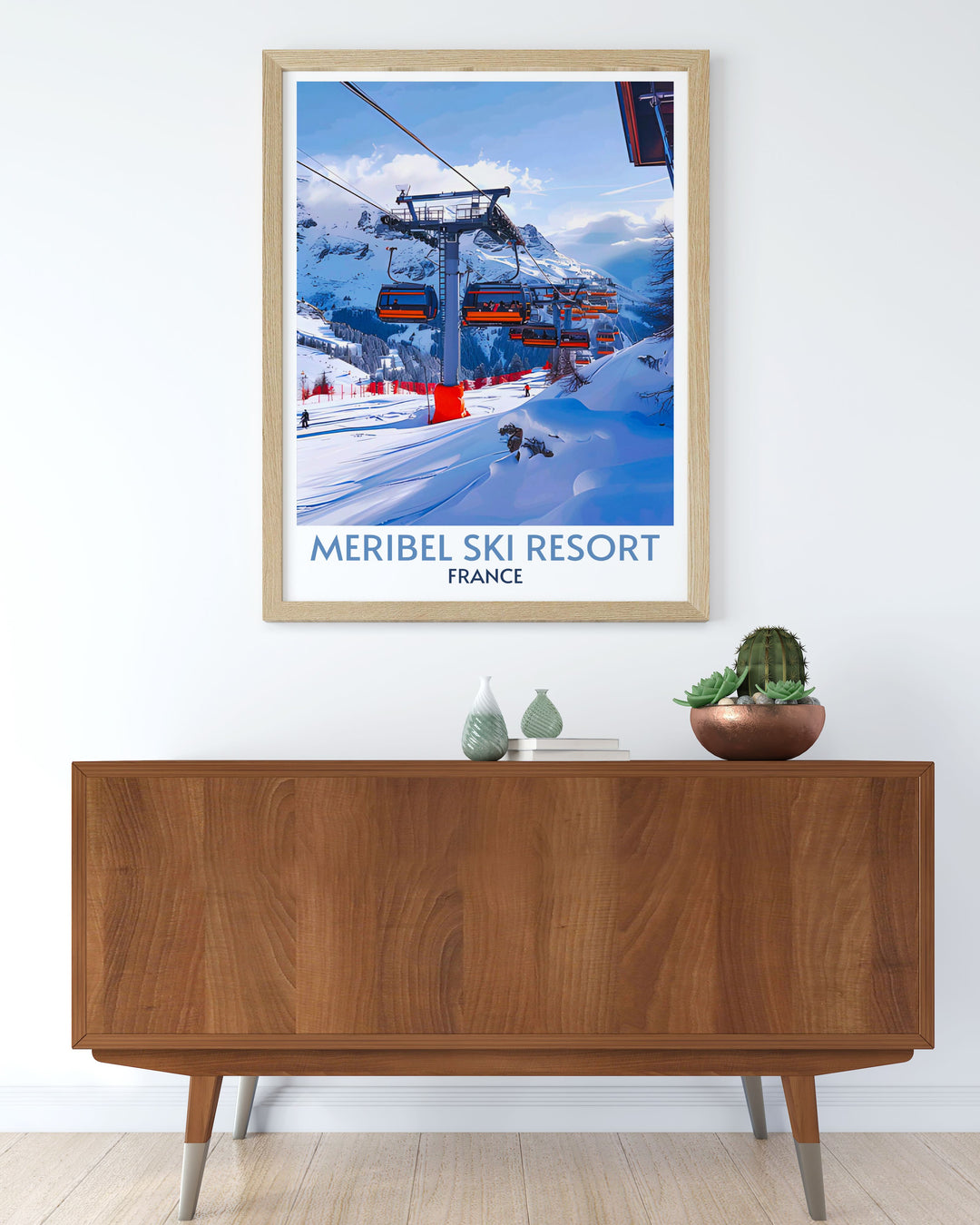 Canvas art of ski lifts in Meribel, showcasing the intricate mechanics and snowy landscape, ideal for those who admire technical and natural beauty alike.
