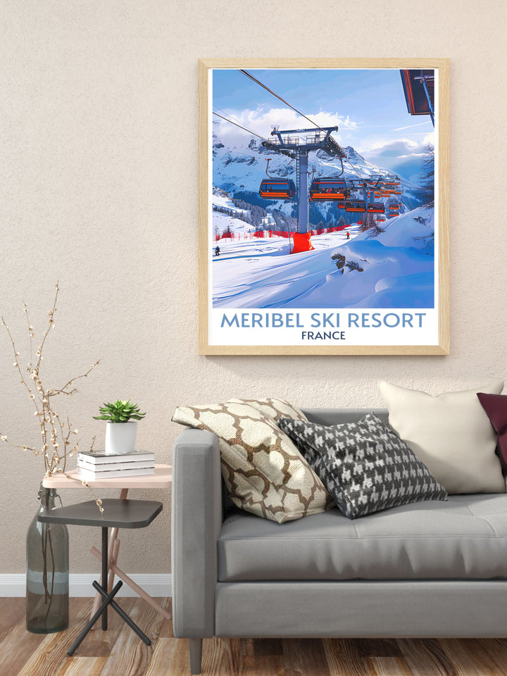 Travel poster of France focusing on Meribel Ski Resort, highlighting the bustling ski scenes and vibrant après ski culture.