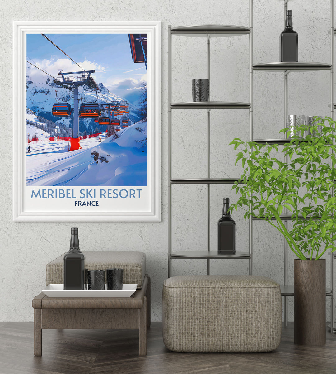 Art print depicting a scenic view from the top of a ski lift in Meribel, offering a birds eye view of the expansive snow covered mountains.
