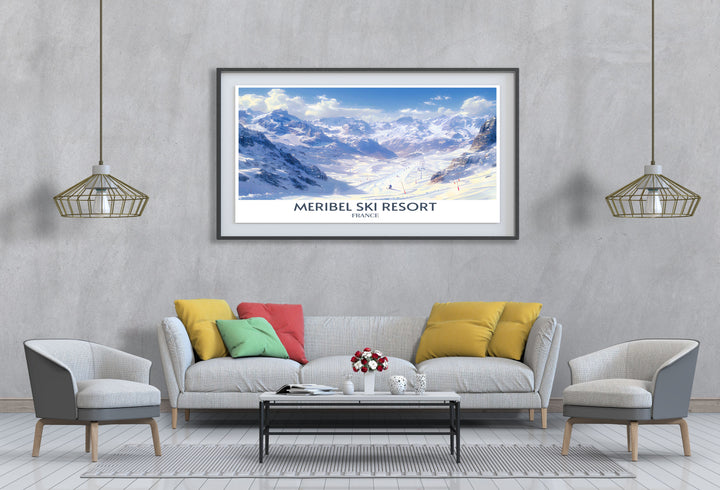 Gallery wall art featuring an array of winter scenes from Meribel, including nighttime skiing and festive après ski activities.