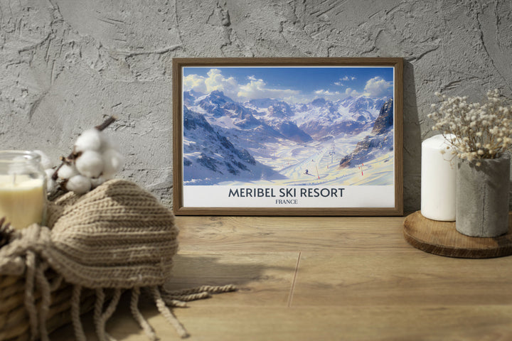 Custom print of ski slopes in Meribel, tailored to feature specific trails or personal skiing experiences, ideal for memorable home decor.