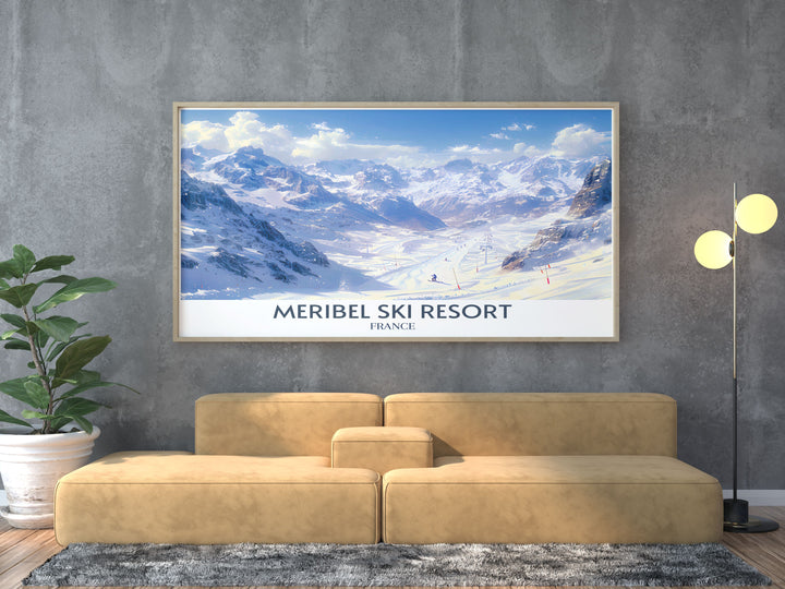 Detailed view of the bustling base camp at Meribel Ski Resort, with vibrant scenes of skiers preparing for the slopes.