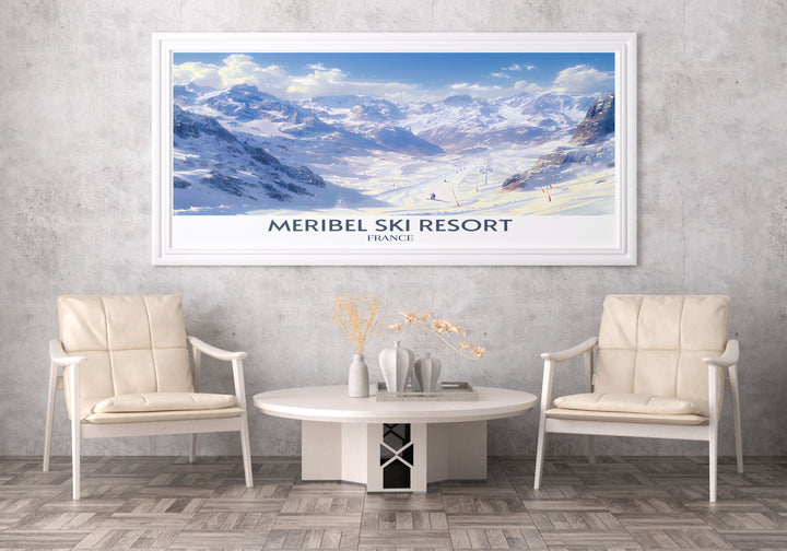 Panoramic print of Meribels snowy landscapes, offering a wide view of the ski resorts expansive terrain and alpine beauty.