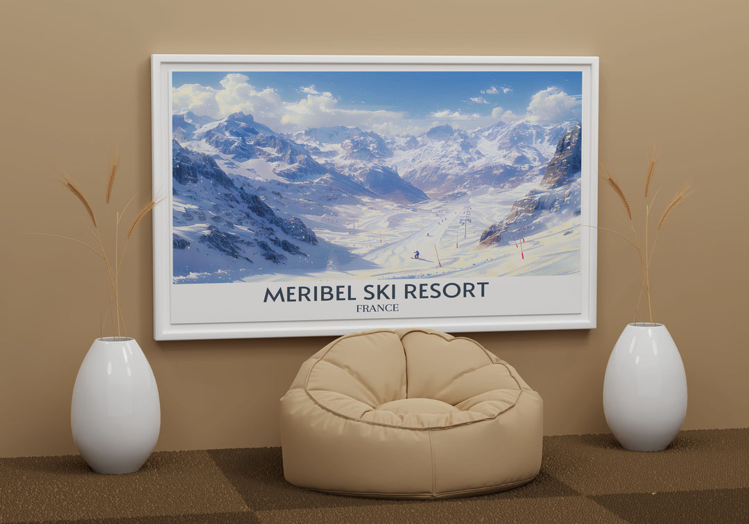 Ski slope custom art showing detailed artistic interpretations of snowy trails and pine forests, perfect for bringing the Alps indoors.
