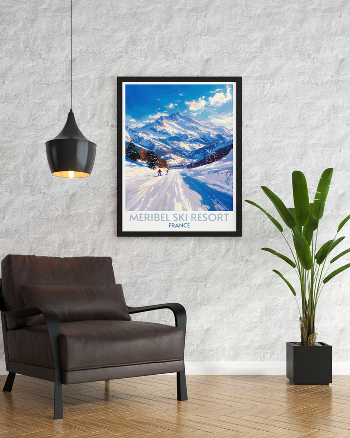 France posters depicting the iconic Mont Vallon in Meribel, showcasing the peak covered in snow and bustling with skiers.