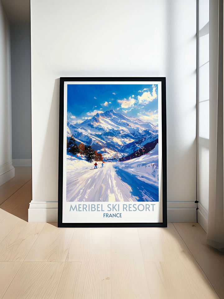 Modern wall decor featuring Meribel Ski Resort with vibrant depictions of skiers and snowy landscapes, perfect for any ski lovers home.