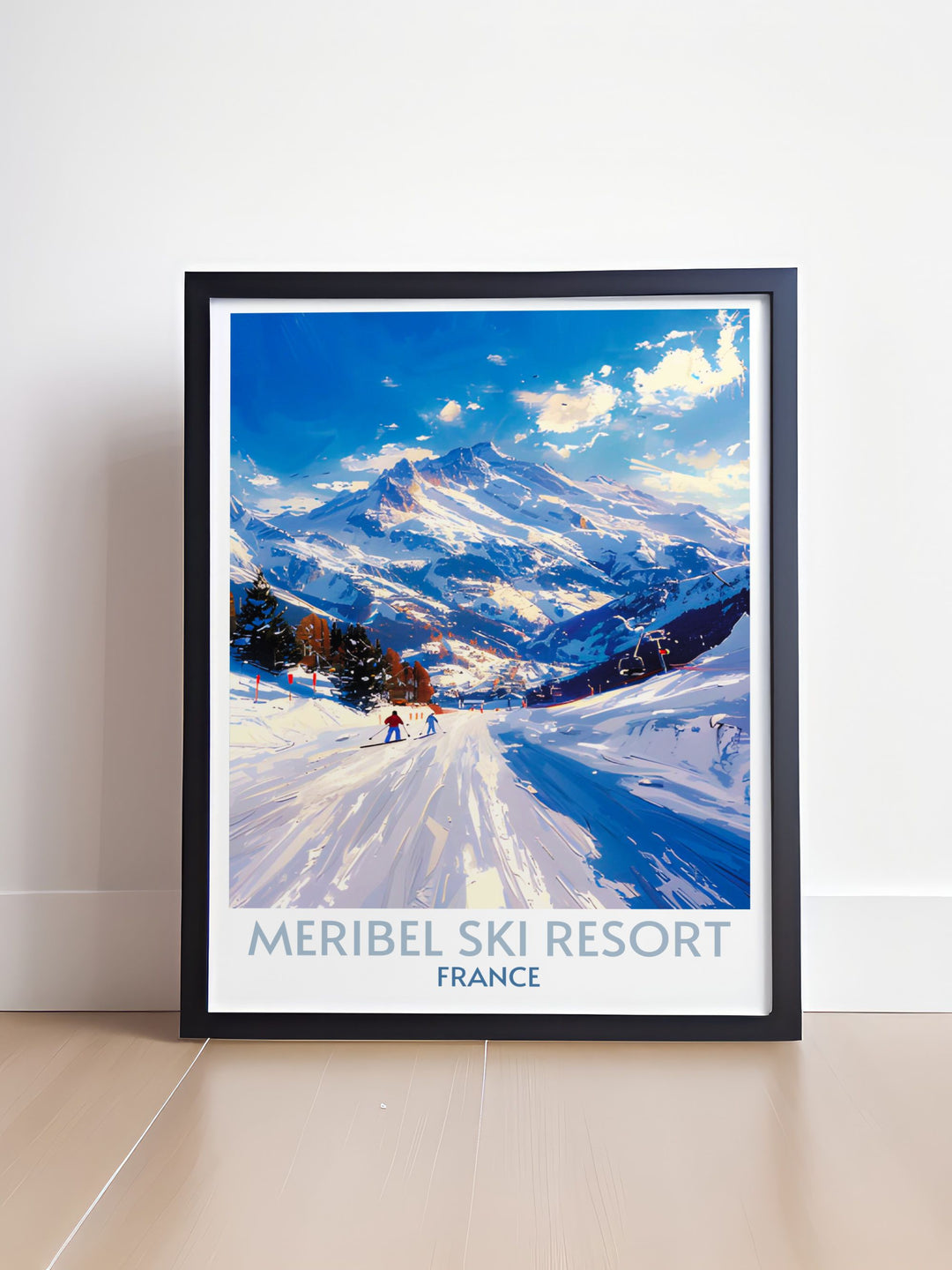 Artistic print of ski slopes in Meribel, showcasing the detailed texture of snow and dynamic skiing action, ideal for enhancing any living space.