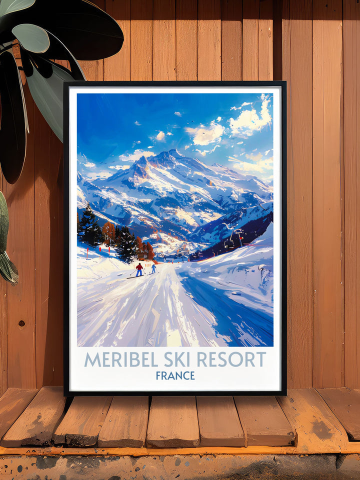 Wall decor of a busy day on Meribel ski slopes, with skiers of all levels enjoying the winter sports atmosphere.