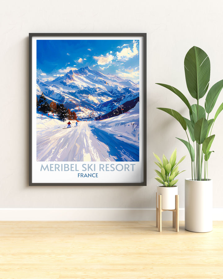 Framed vintage poster of Meribels ski slopes, capturing the nostalgic essence of skiing with a retro design and classic alpine imagery.