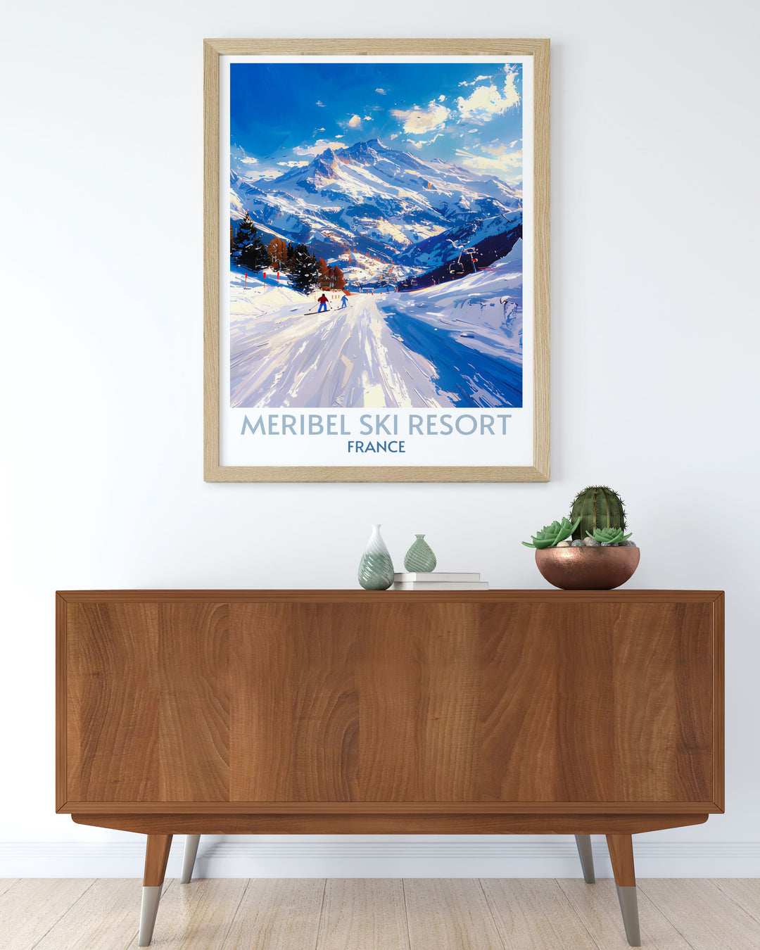 Custom print of a skier racing down Meribels challenging slopes, personalized to capture the exhilaration of the sport.