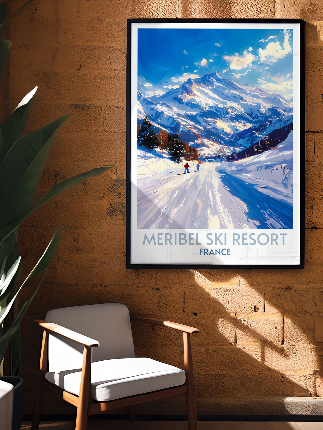 Print capturing the sunset over Meribels ski slopes, with the skys warm hues contrasting against the cool snow.