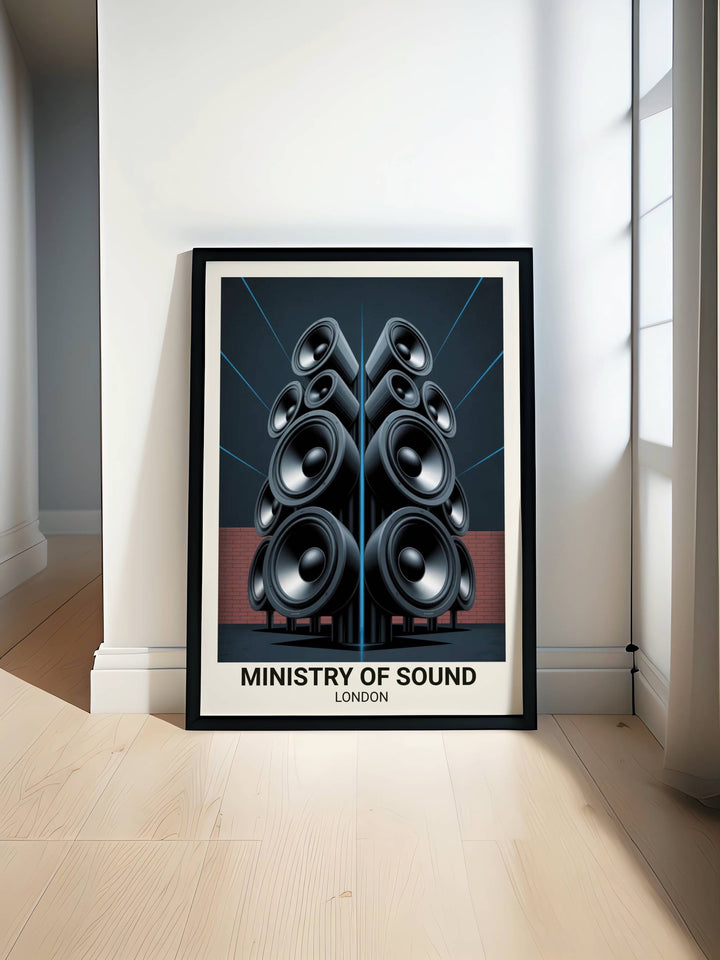 Ministry of Sound London art print featuring a minimalist architectural design of the iconic Box sound system speakers with blue laser accents and a clean gallery border.