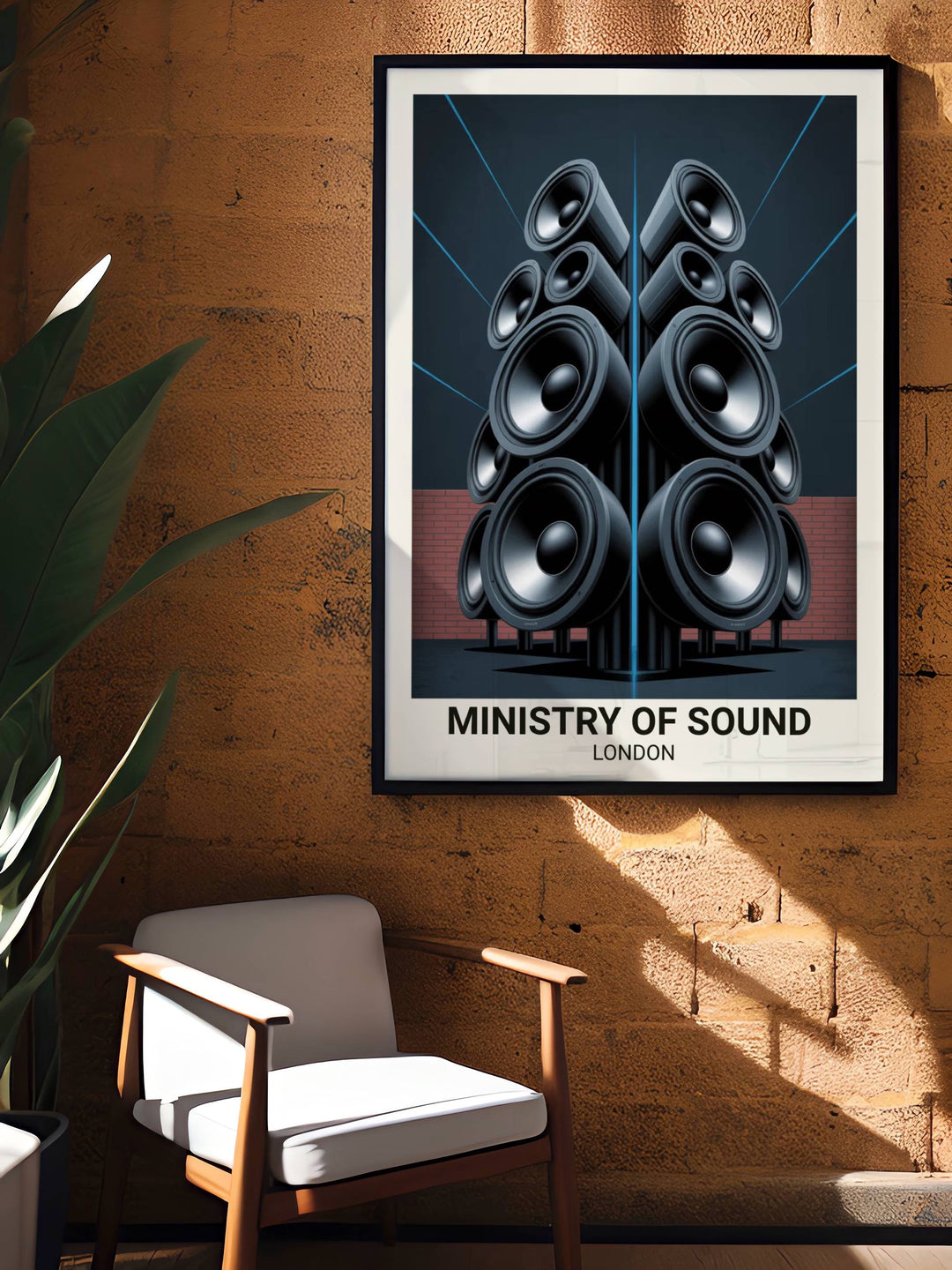 Ministry of Sound London poster shown under natural gallery lighting to emphasize the metallic silver speaker cones and the sophisticated muted tones of the warehouse art.