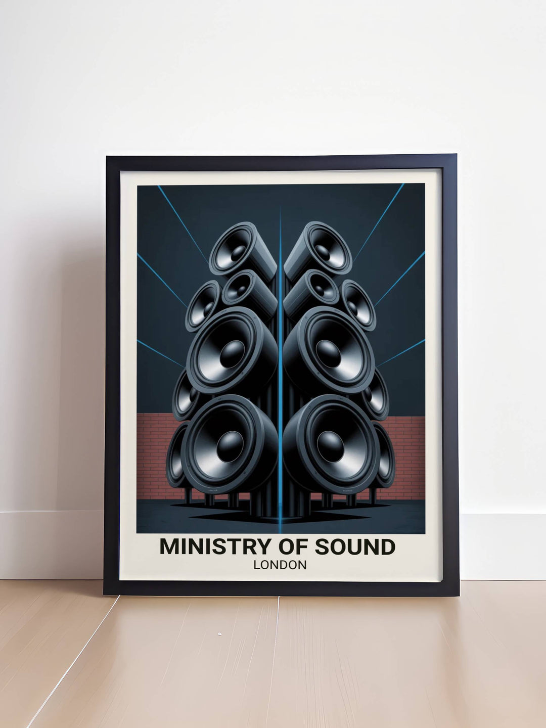 Ministry of Sound London poster shown under natural gallery lighting to emphasize the metallic silver speaker cones and the sophisticated muted tones of the warehouse art.