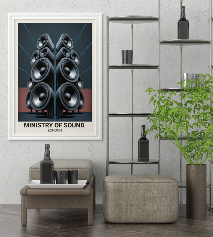 Detail view of Ministry of Sound nightclub wall art highlighting the charcoal textures and vibrant blue neon highlights used in this premium London music-themed print.