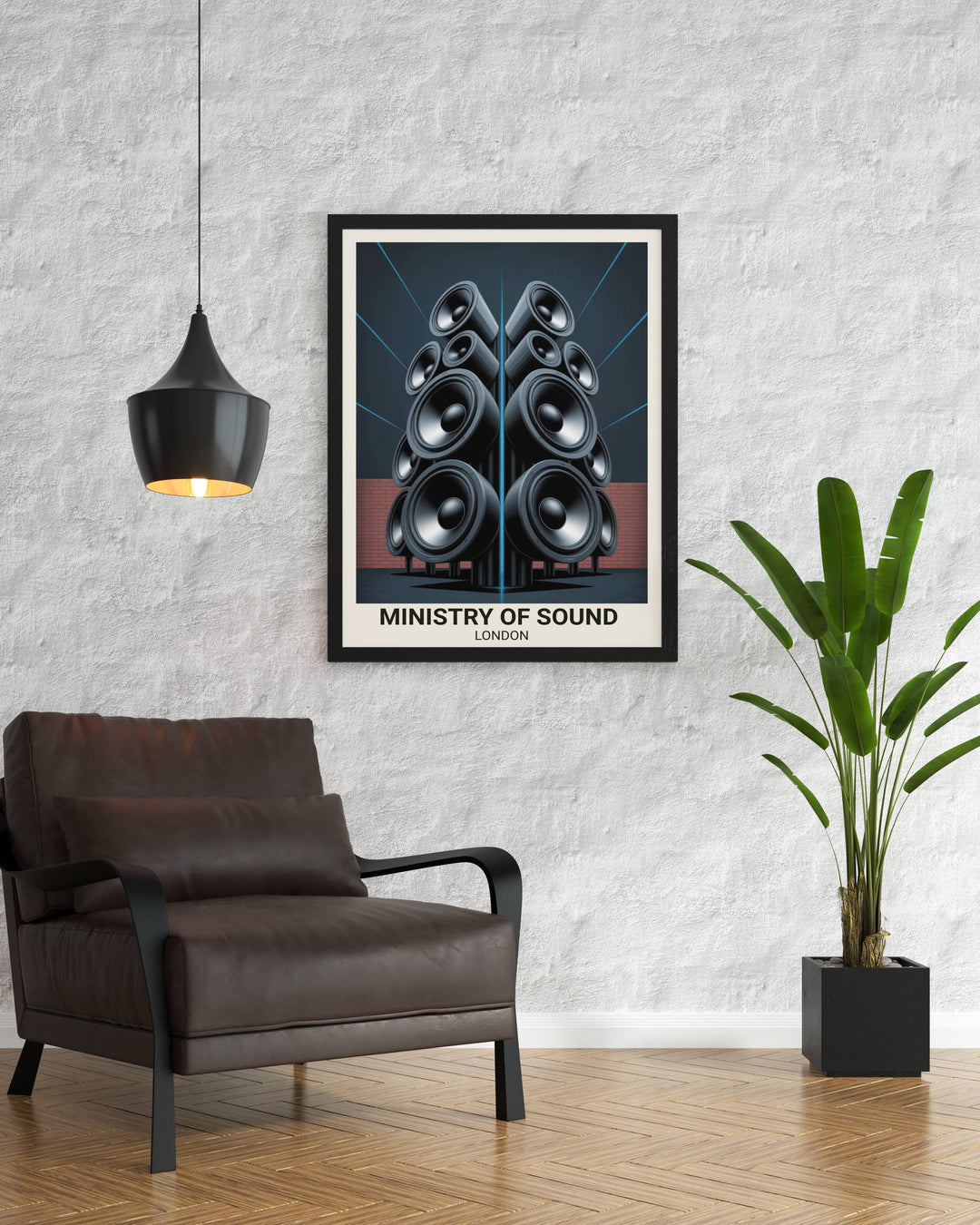 Retro-inspired Ministry of Sound London poster featuring the architectural silhouette of the world’s most famous sound system in a sophisticated minimalist art style.