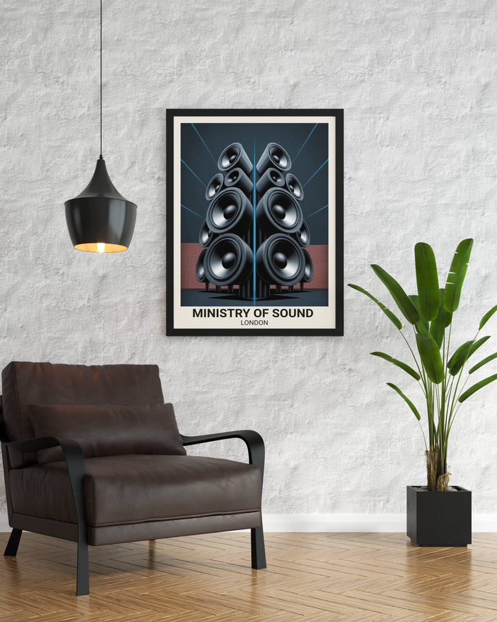 Retro-inspired Ministry of Sound London poster featuring the architectural silhouette of the world’s most famous sound system in a sophisticated minimalist art style.