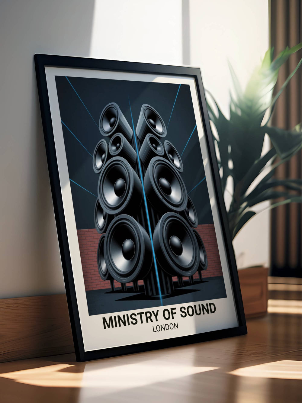 Minimalist Ministry of Sound London poster for modern home decor, showing the symmetrical industrial speaker stacks and bold sans-serif typography on a cream background.